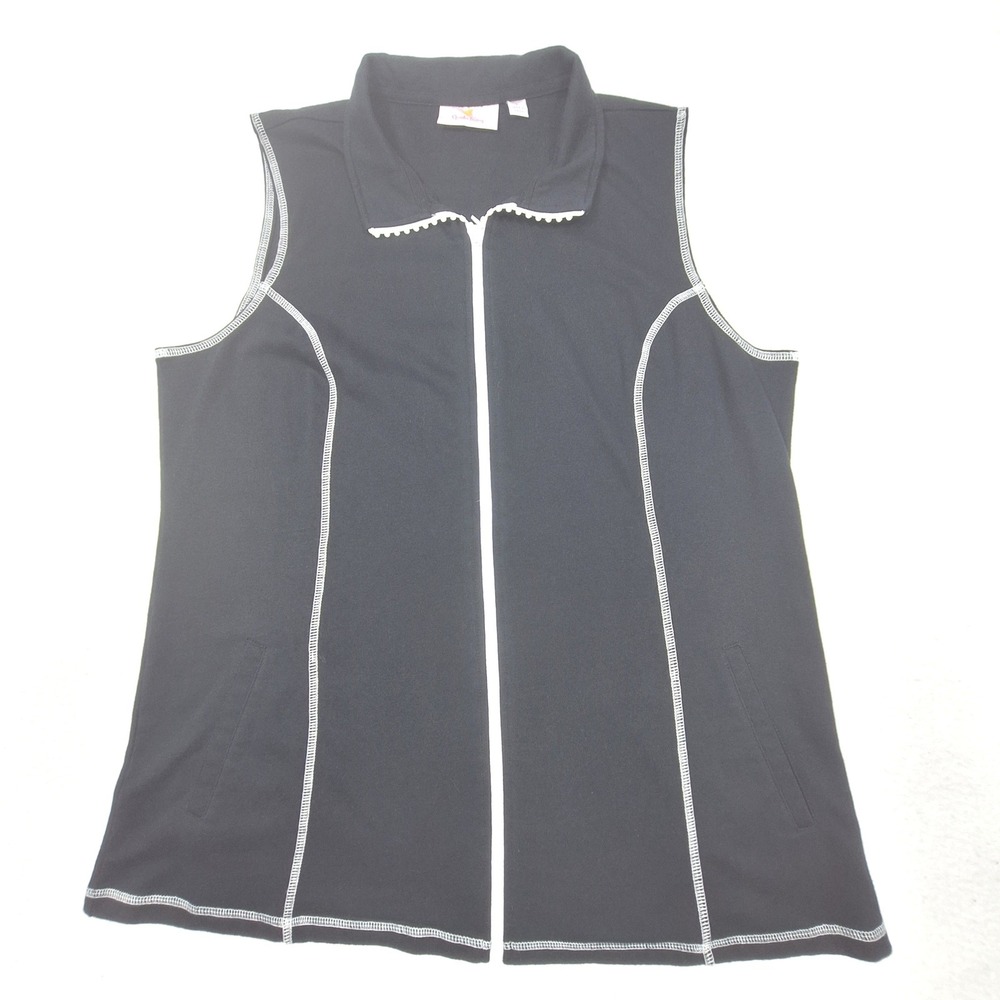 Quacker Factory Vest Womens Large‎ Black Full Zip Contrast Stitch Sleeveless Top